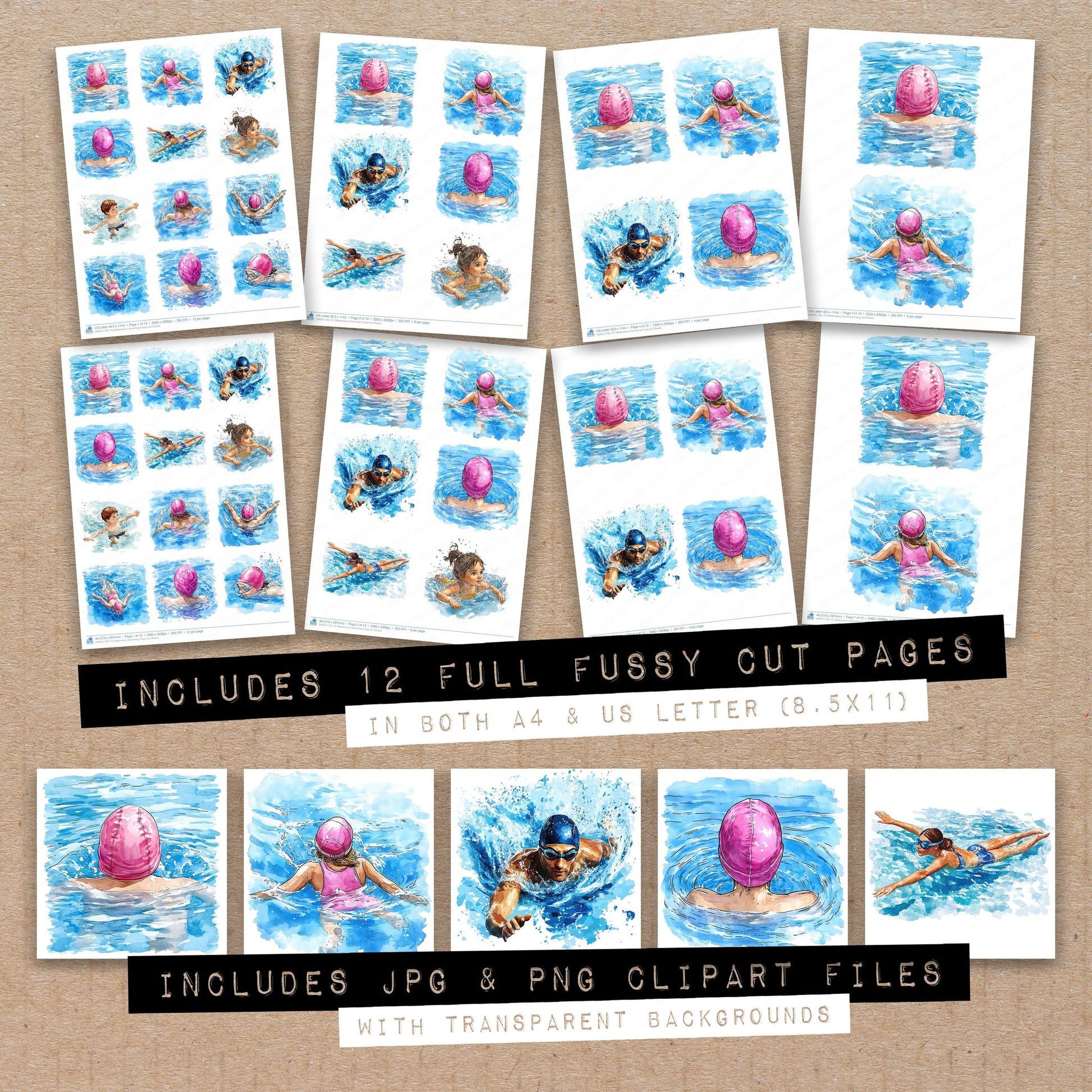 Full collection view of Watercolour Swimming fussy cut sheets with bonus clipart JPG and PNG files