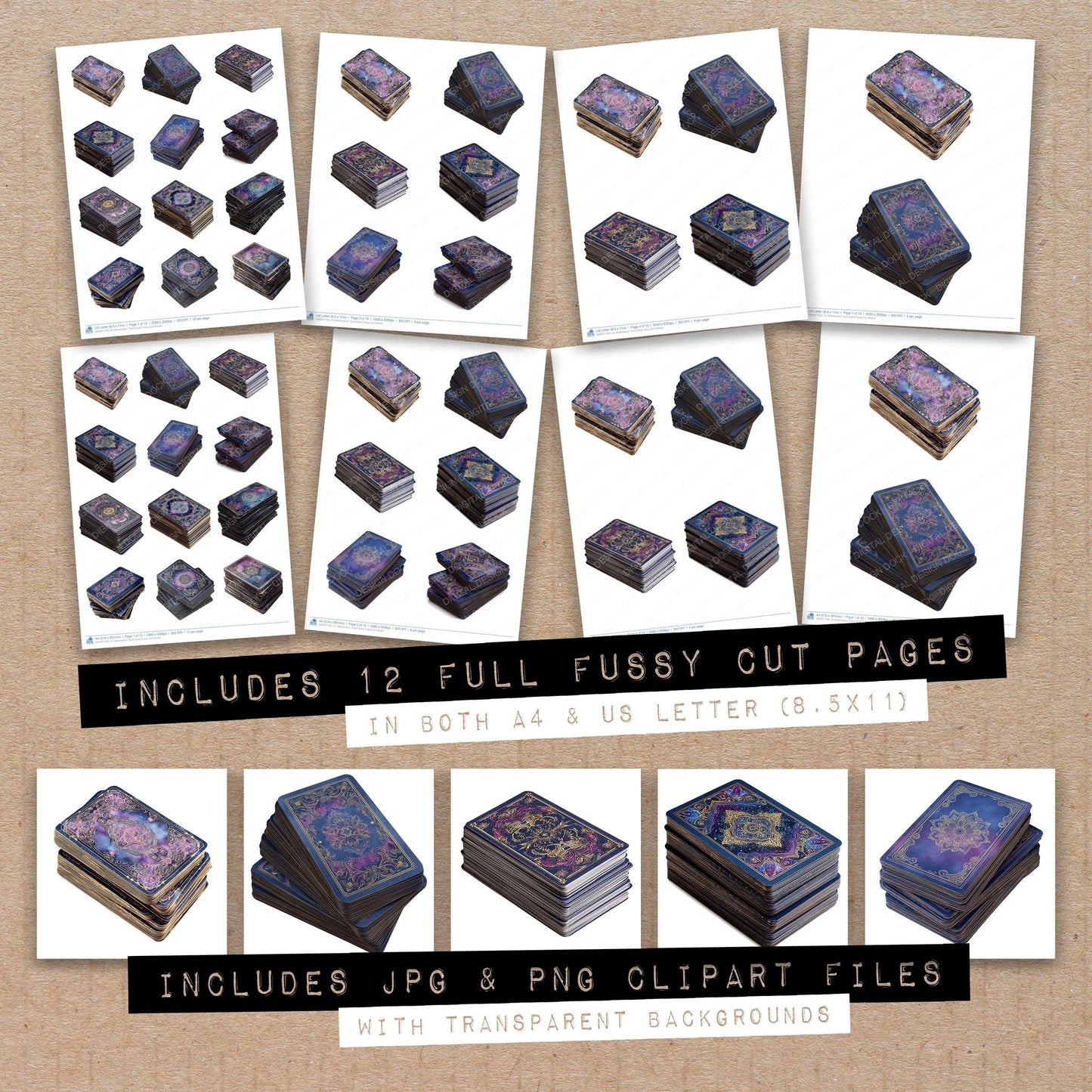 Full collection view of Watercolour Tarot Cards fussy cut sheets with bonus clipart JPG and PNG files