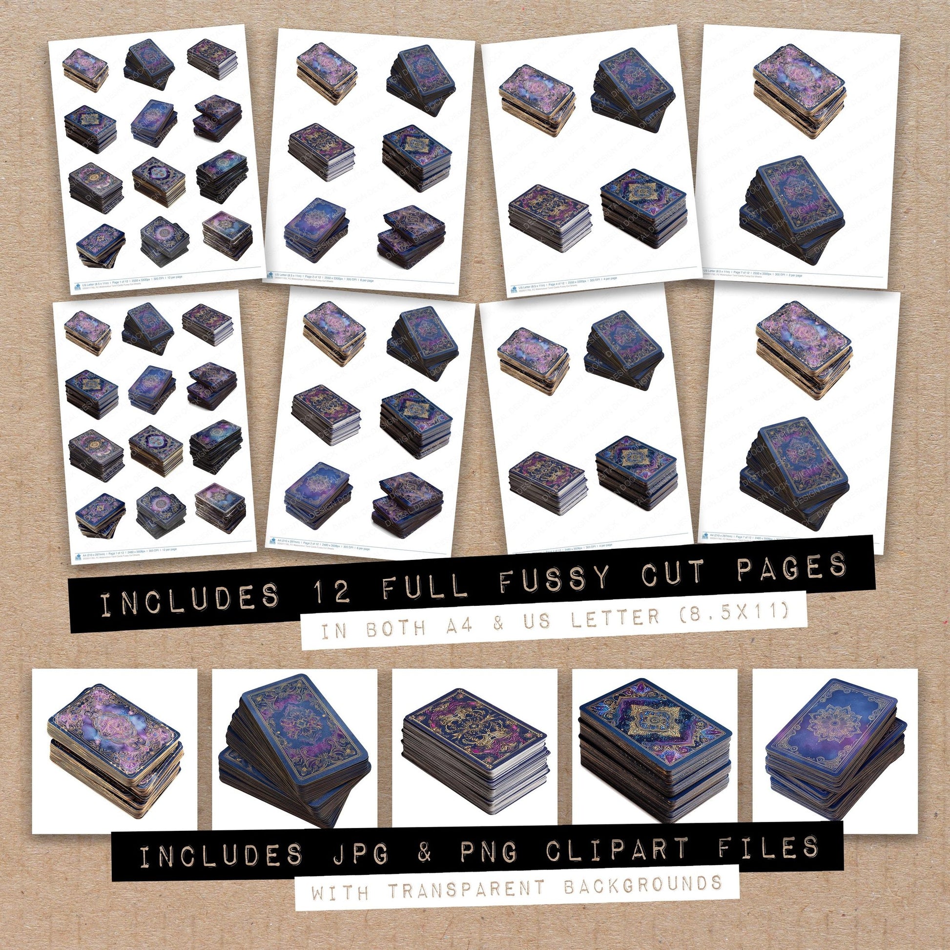 Full collection view of Watercolour Tarot Cards fussy cut sheets with bonus clipart JPG and PNG files