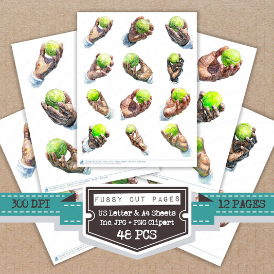 Watercolour Tennis Serve fussy cut printable sheets for junk journaling, scrapbooking, and paper craft projects