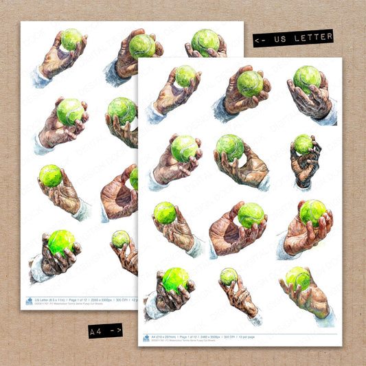 A4 and US Letter format comparison showing Watercolour Tennis Serve fussy cut pages for print and cut crafting