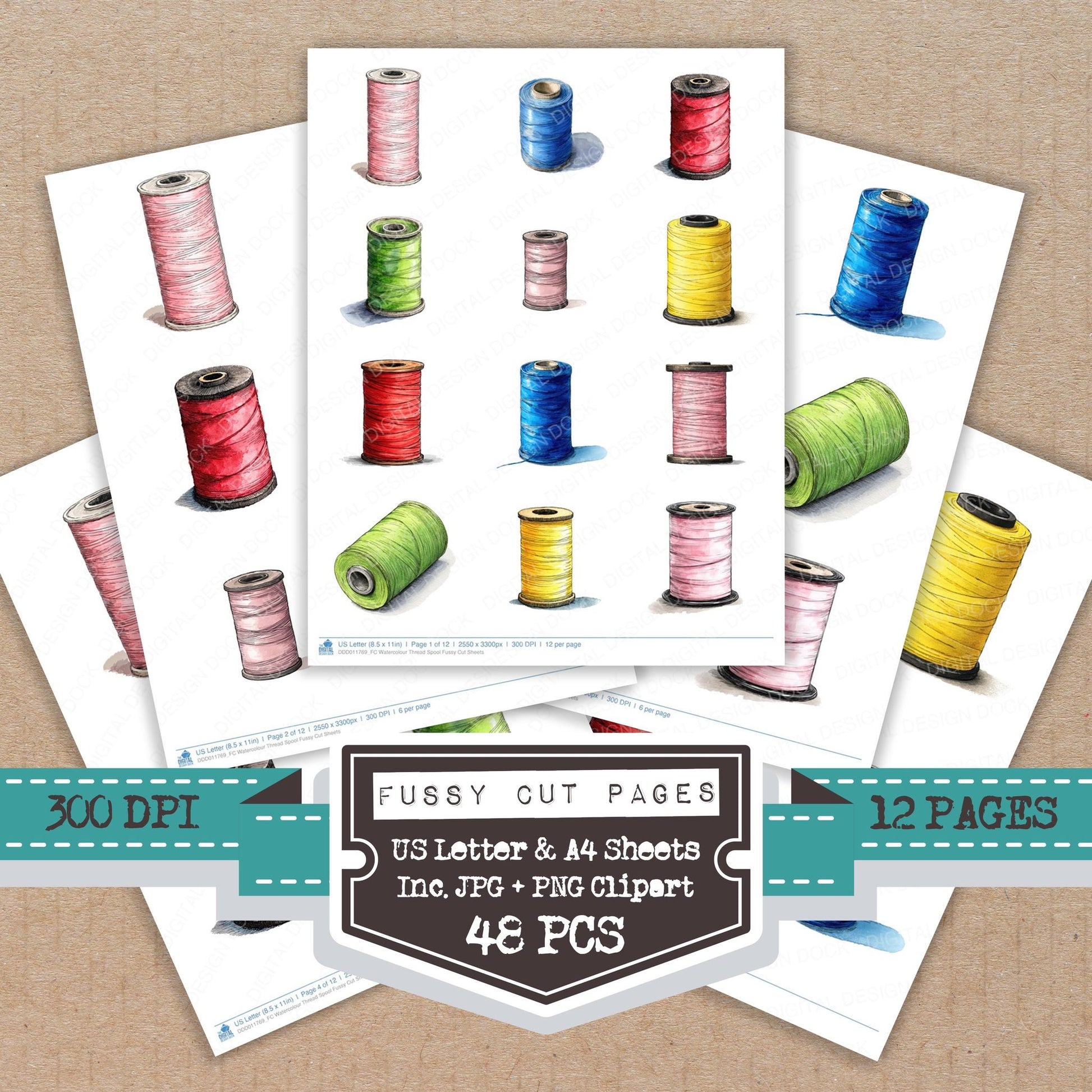Watercolour Thread Spool fussy cut printable sheets for junk journaling, scrapbooking, and paper craft projects