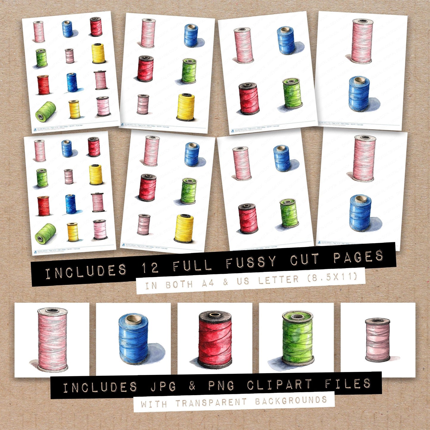 Full collection view of Watercolour Thread Spool fussy cut sheets with bonus clipart JPG and PNG files