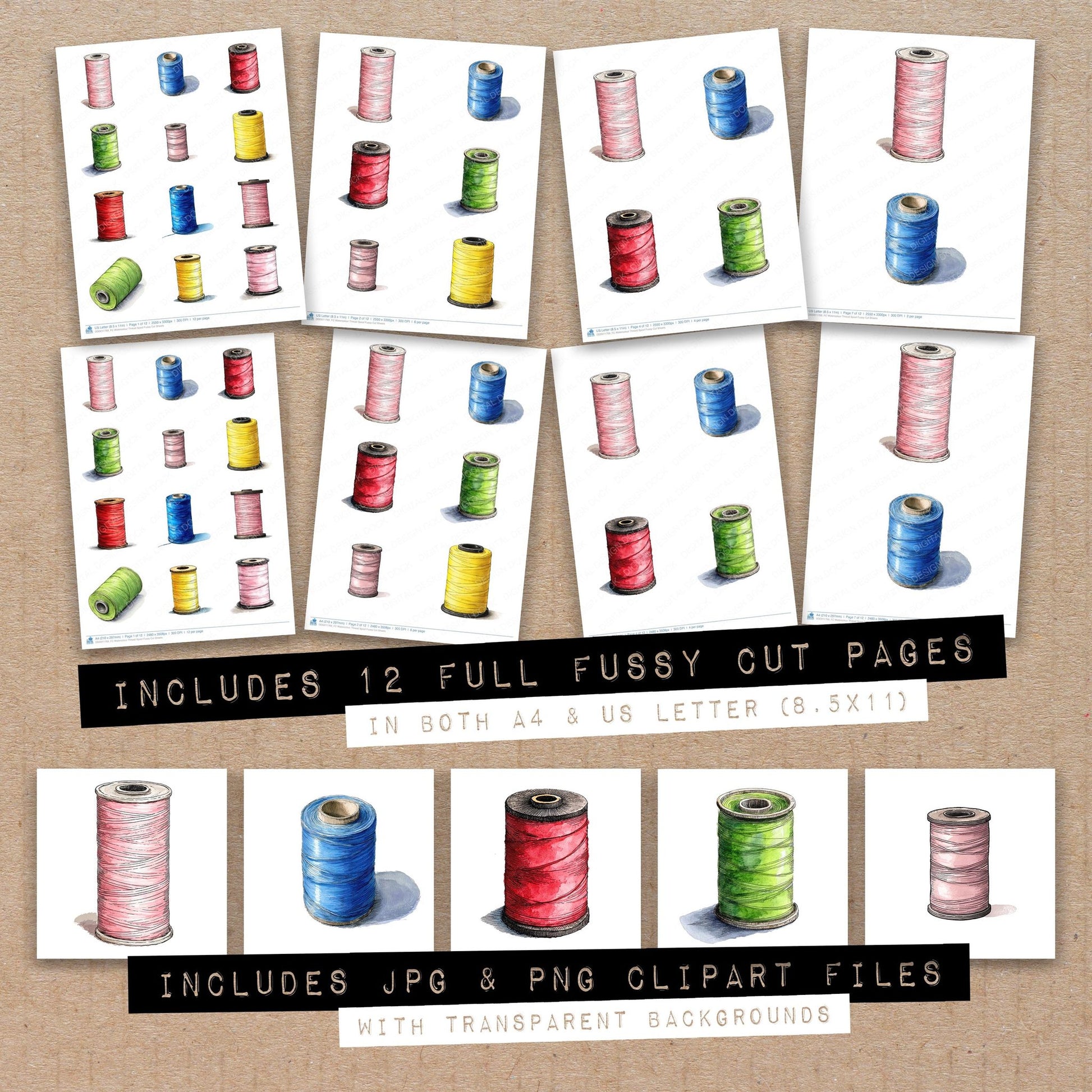 Full collection view of Watercolour Thread Spool fussy cut sheets with bonus clipart JPG and PNG files