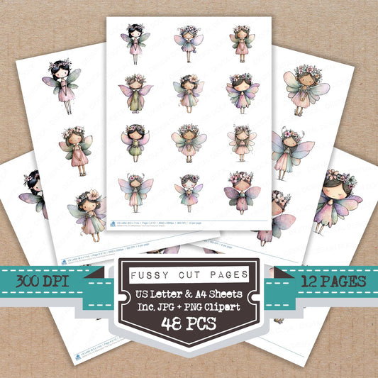 Watercolour Tiny Fairy fussy cut printable sheets for junk journaling, scrapbooking, and paper craft projects