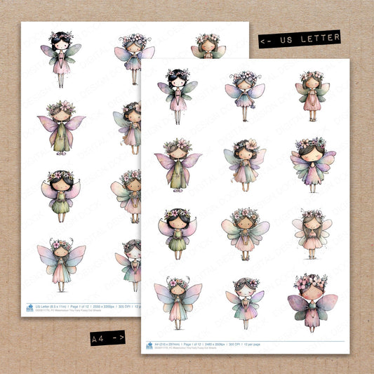 A4 and US Letter format comparison showing Watercolour Tiny Fairy fussy cut pages for print and cut crafting