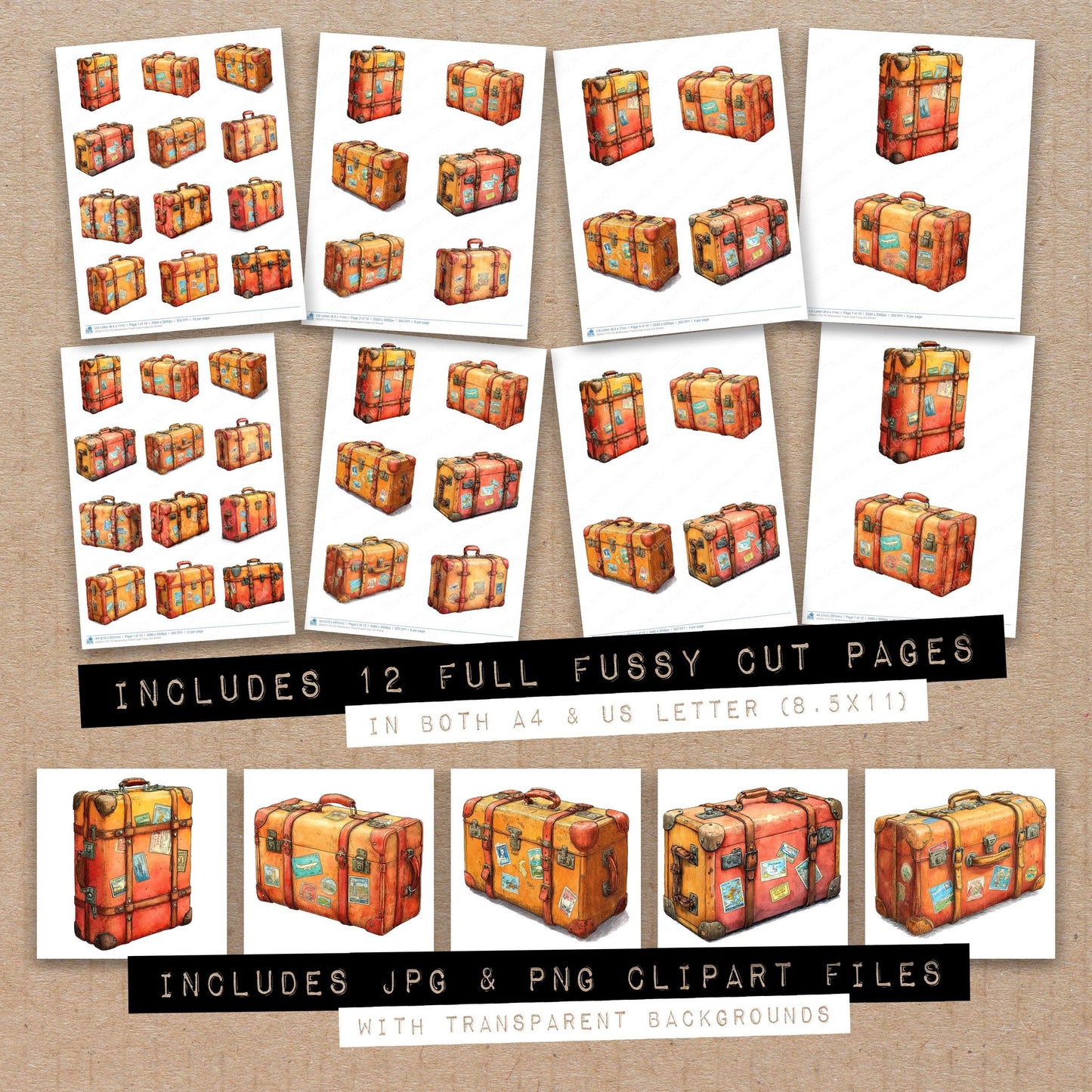 Full collection view of Watercolour Travel Case fussy cut sheets with bonus clipart JPG and PNG files
