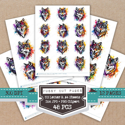 Watercolour Tribal Wolf fussy cut printable sheets for junk journaling, scrapbooking, and paper craft projects