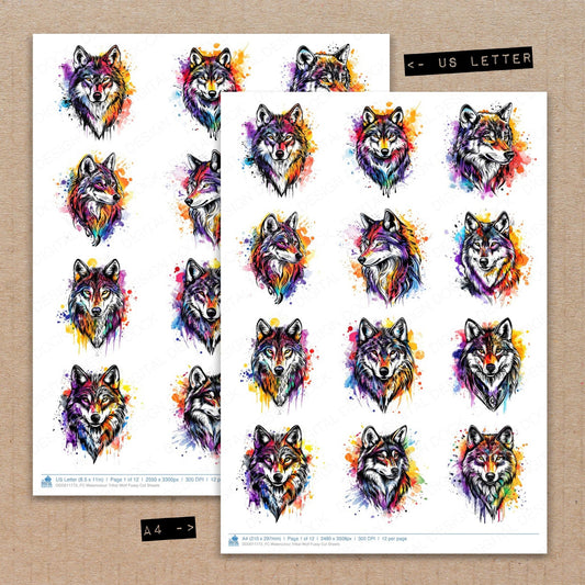 A4 and US Letter format comparison showing Watercolour Tribal Wolf fussy cut pages for print and cut crafting