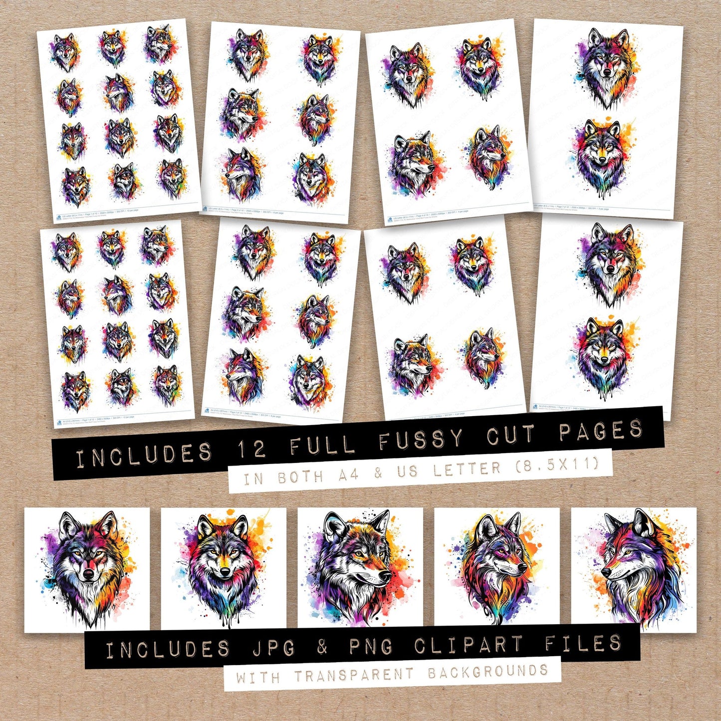 Full collection view of Watercolour Tribal Wolf fussy cut sheets with bonus clipart JPG and PNG files