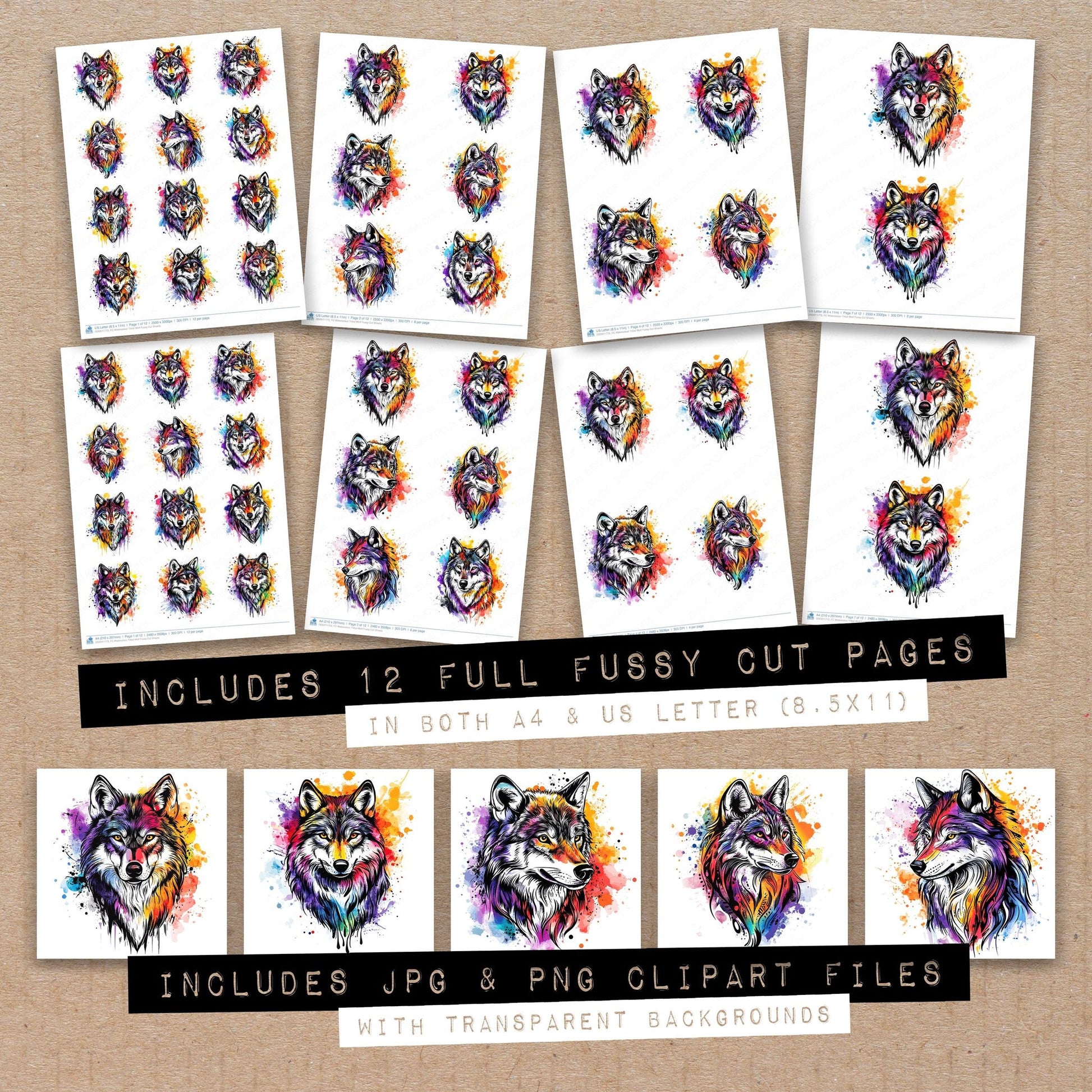 Full collection view of Watercolour Tribal Wolf fussy cut sheets with bonus clipart JPG and PNG files