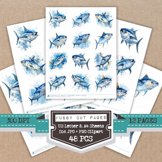 Watercolour Tuna Fish fussy cut printable sheets for junk journaling, scrapbooking, and paper craft projects