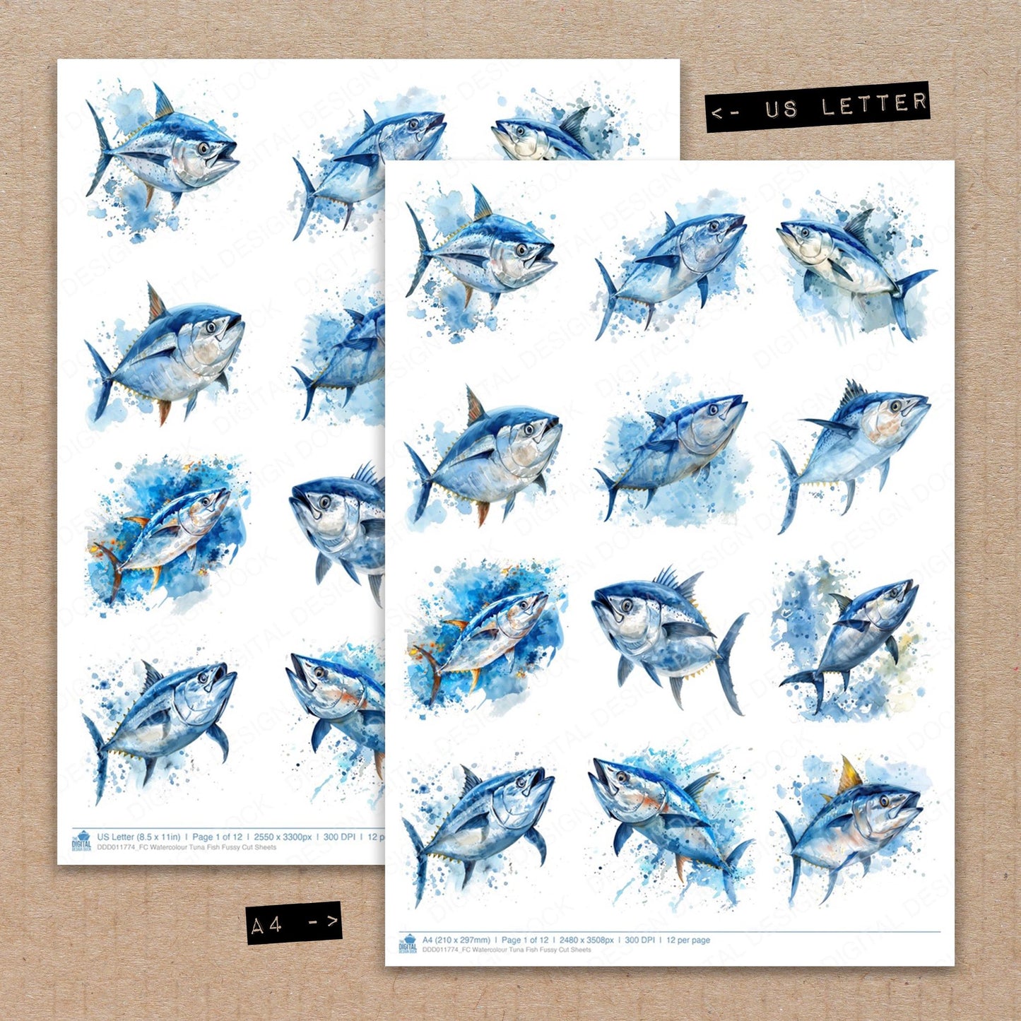 A4 and US Letter format comparison showing Watercolour Tuna Fish fussy cut pages for print and cut crafting