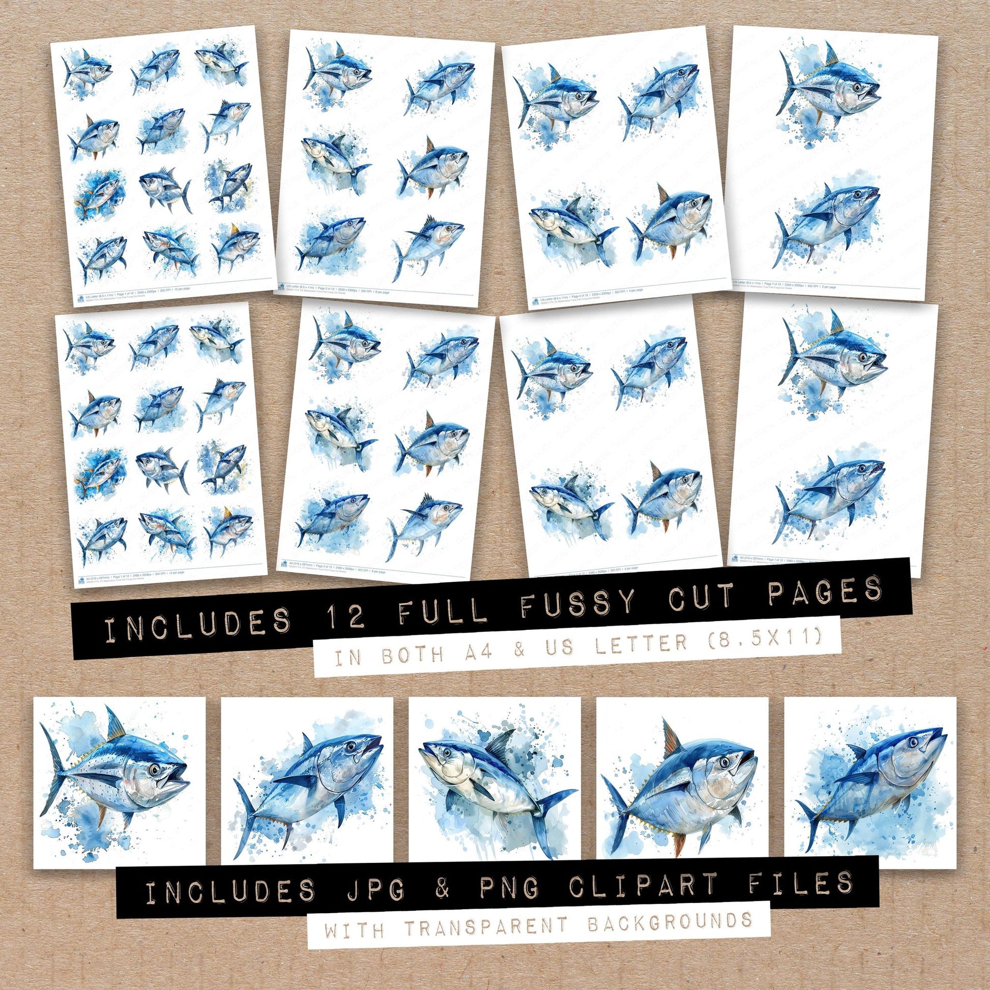 Full collection view of Watercolour Tuna Fish fussy cut sheets with bonus clipart JPG and PNG files