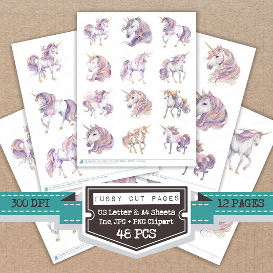 Watercolour Unicorn fussy cut printable sheets for junk journaling, scrapbooking, and paper craft projects