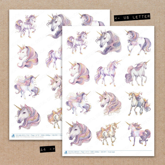 A4 and US Letter format comparison showing Watercolour Unicorn fussy cut pages for print and cut crafting