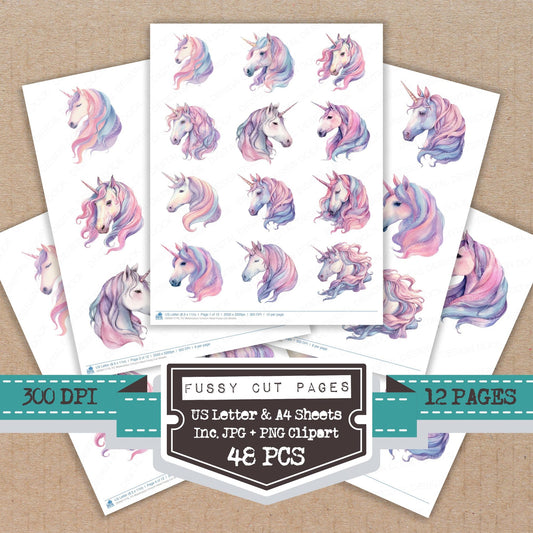 Watercolour Unicorn Head fussy cut printable sheets for junk journaling, scrapbooking, and paper craft projects