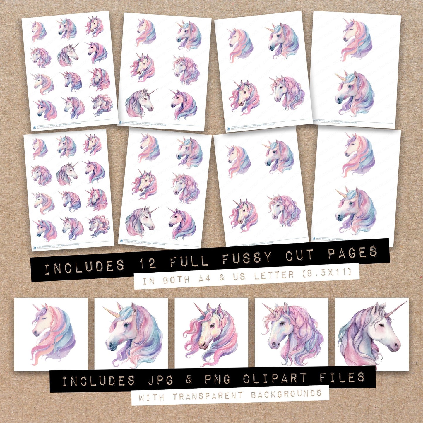 Full collection view of Watercolour Unicorn Head fussy cut sheets with bonus clipart JPG and PNG files