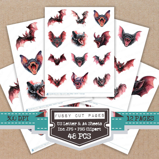 Watercolour Vampire Bat fussy cut printable sheets for junk journaling, scrapbooking, and paper craft projects