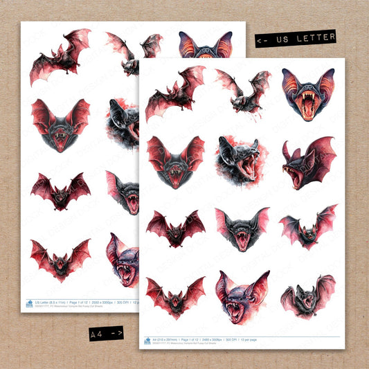 A4 and US Letter format comparison showing Watercolour Vampire Bat fussy cut pages for print and cut crafting