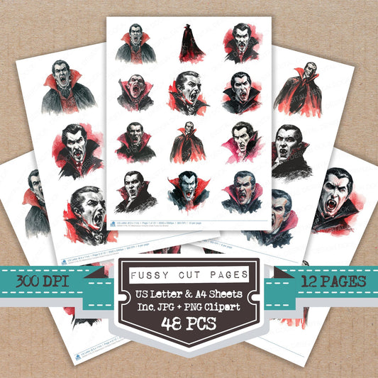 Watercolour Vampire Cloak fussy cut printable sheets for junk journaling, scrapbooking, and paper craft projects