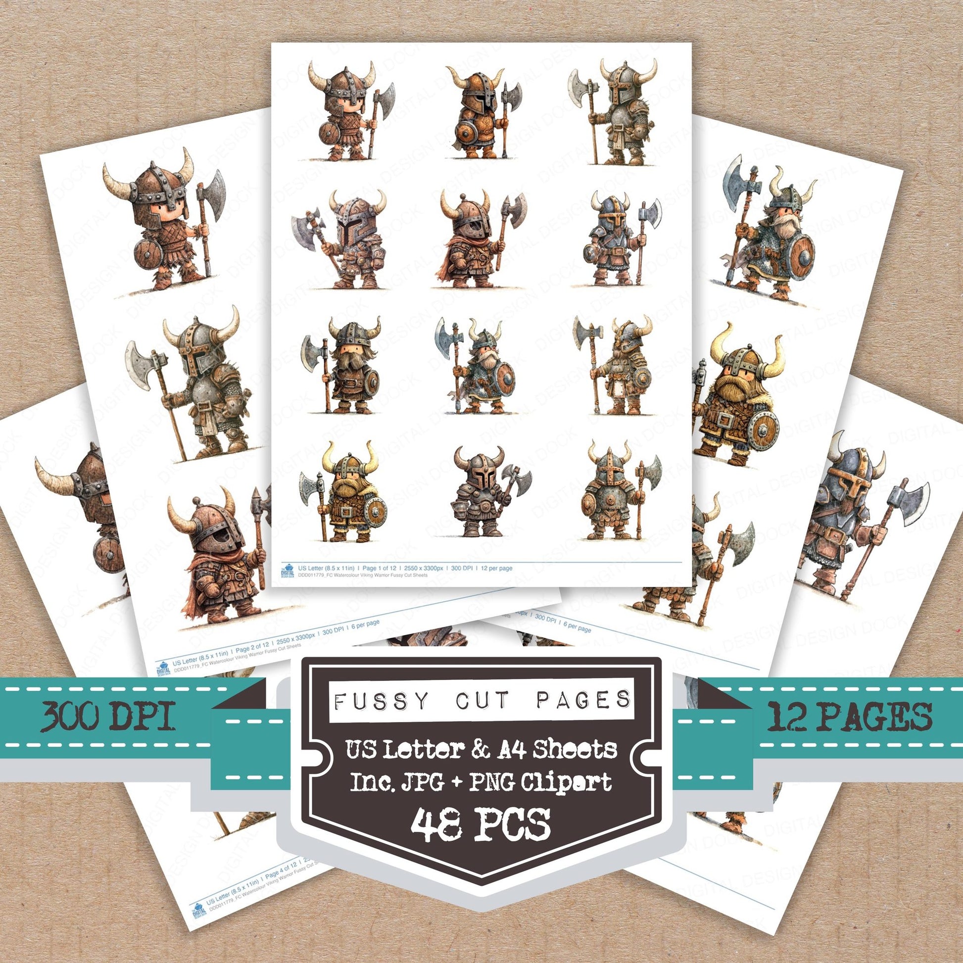 Watercolour Viking Warrior fussy cut printable sheets for junk journaling, scrapbooking, and paper craft projects