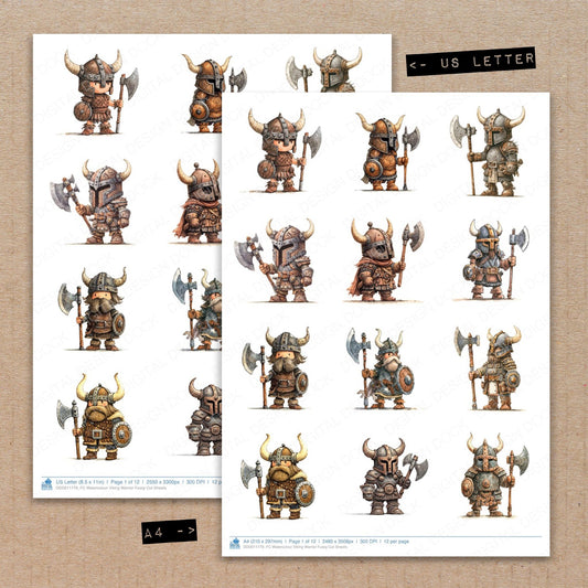 A4 and US Letter format comparison showing Watercolour Viking Warrior fussy cut pages for print and cut crafting