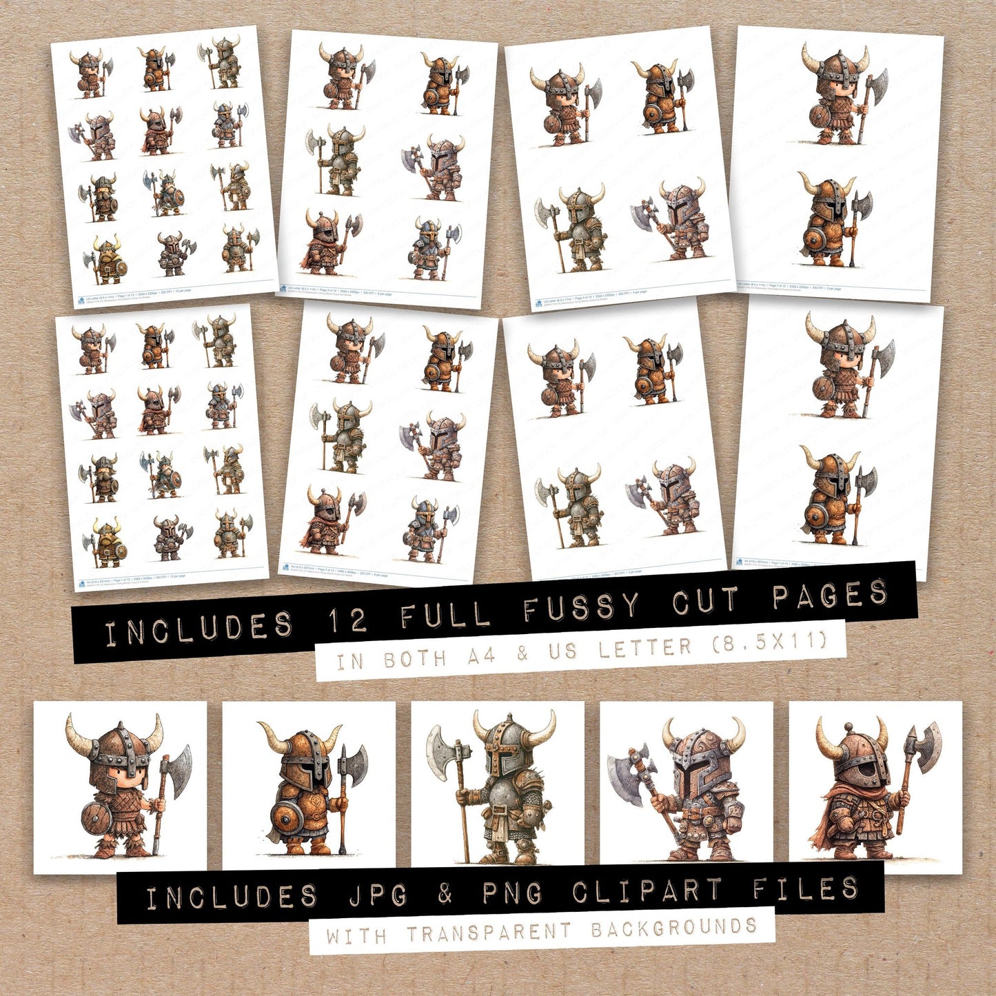 Full collection view of Watercolour Viking Warrior fussy cut sheets with bonus clipart JPG and PNG files