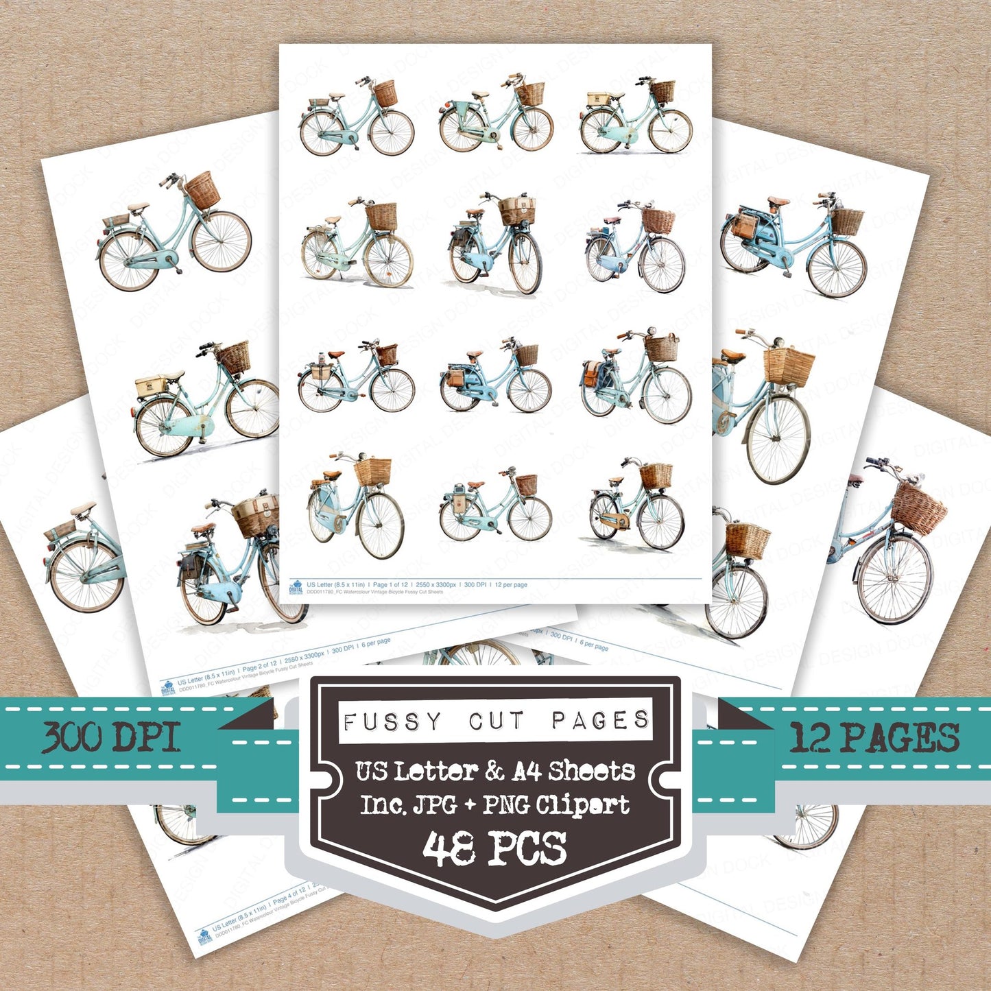 Watercolour Vintage Bicycle fussy cut printable sheets for junk journaling, scrapbooking, and paper craft projects