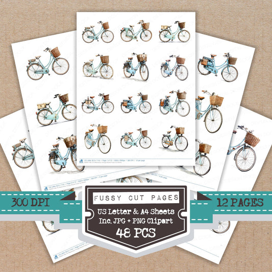 Watercolour Vintage Bicycle fussy cut printable sheets for junk journaling, scrapbooking, and paper craft projects