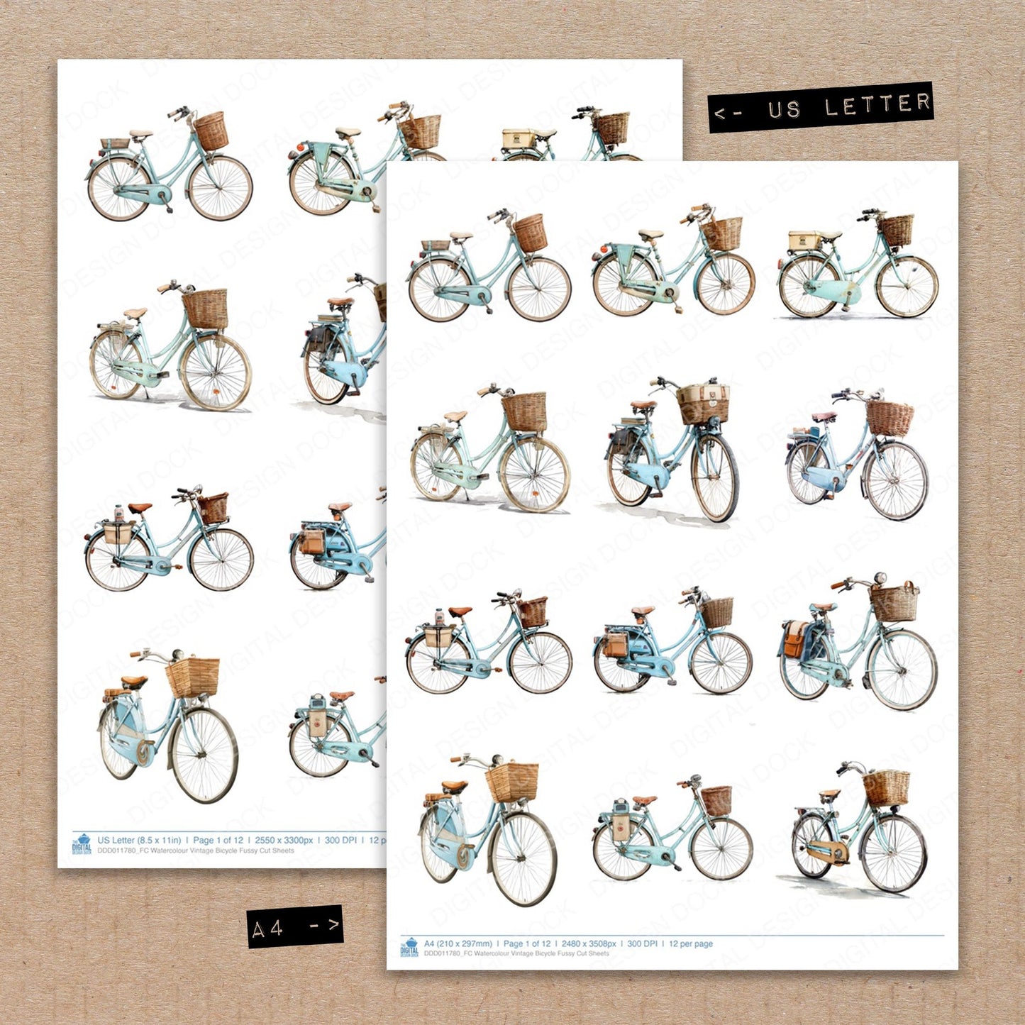 A4 and US Letter format comparison showing Watercolour Vintage Bicycle fussy cut pages for print and cut crafting