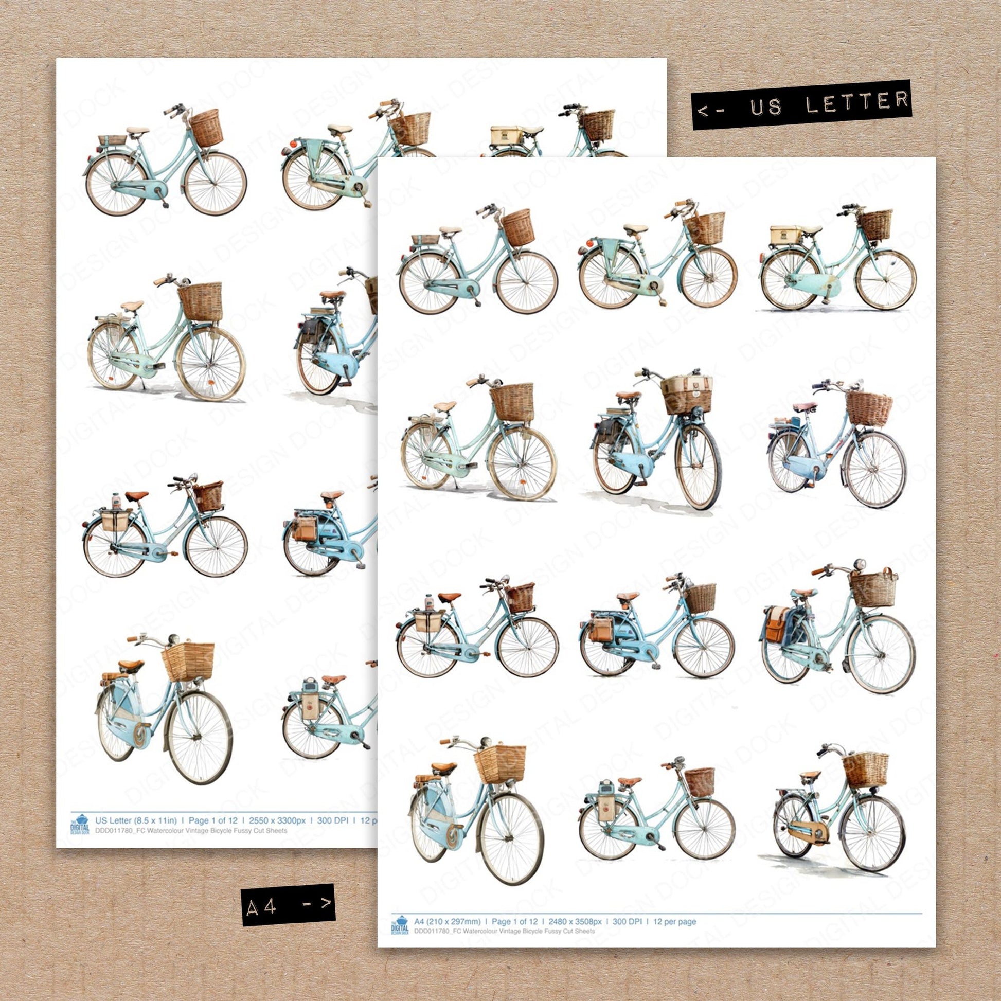 A4 and US Letter format comparison showing Watercolour Vintage Bicycle fussy cut pages for print and cut crafting