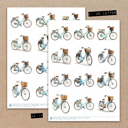 A4 and US Letter format comparison showing Watercolour Vintage Bicycle fussy cut pages for print and cut crafting