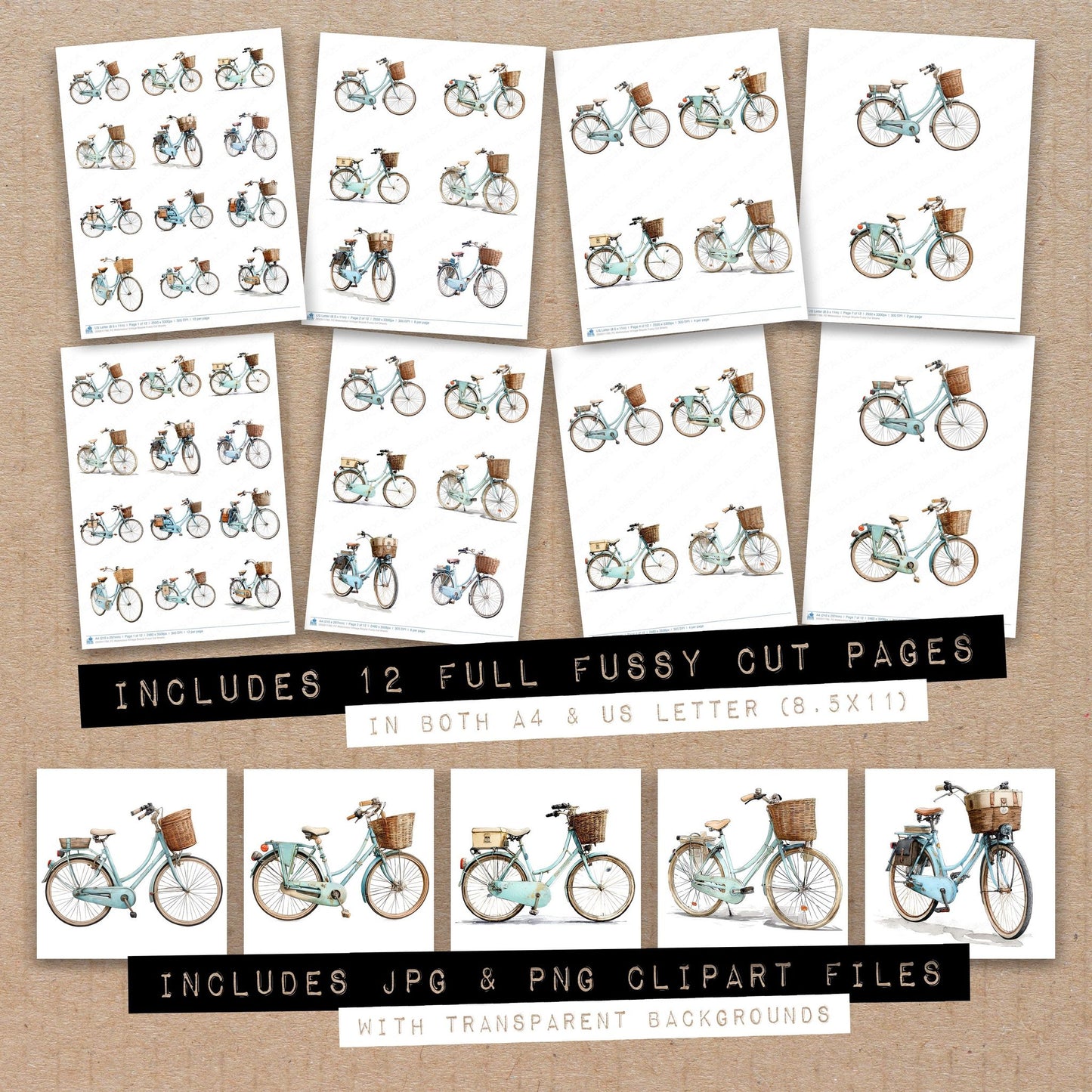 Full collection view of Watercolour Vintage Bicycle fussy cut sheets with bonus clipart JPG and PNG files