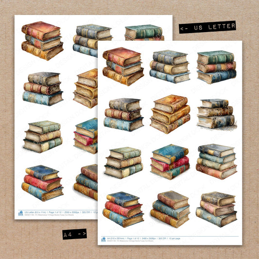 A4 and US Letter format comparison showing Watercolour Vintage Books fussy cut pages for print and cut crafting