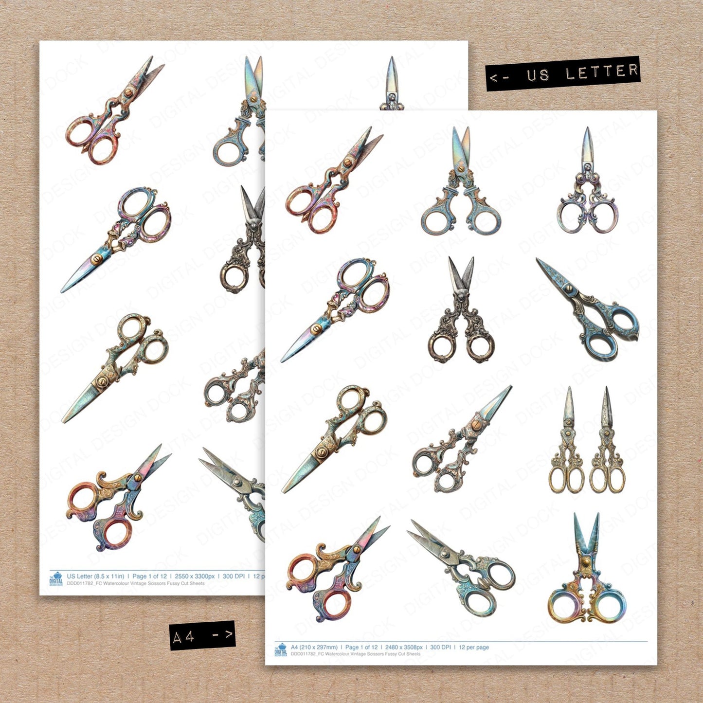 A4 and US Letter format comparison showing Watercolour Vintage Scissors fussy cut pages for print and cut crafting