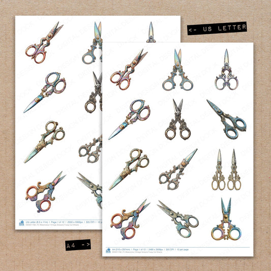 A4 and US Letter format comparison showing Watercolour Vintage Scissors fussy cut pages for print and cut crafting