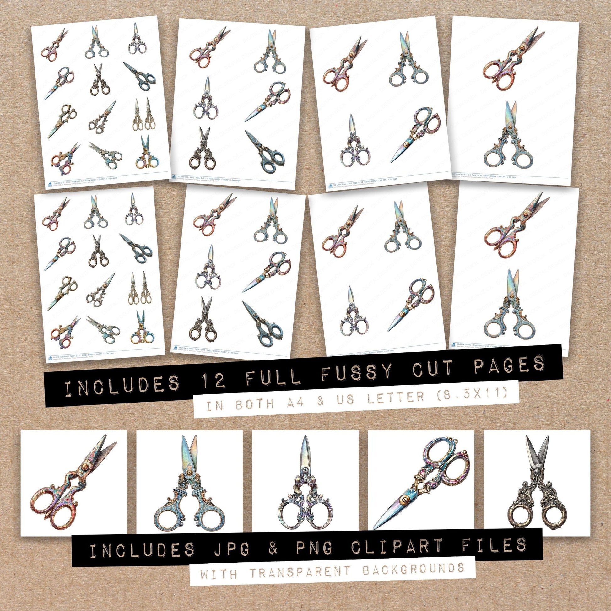 Full collection view of Watercolour Vintage Scissors fussy cut sheets with bonus clipart JPG and PNG files
