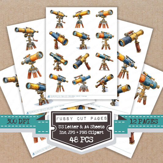 Watercolour Vintage Telescope fussy cut printable sheets for junk journaling, scrapbooking, and paper craft projects