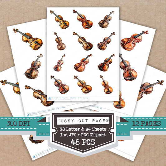 Watercolour Violin fussy cut printable sheets for junk journaling, scrapbooking, and paper craft projects