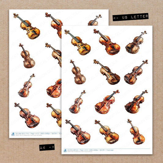 A4 and US Letter format comparison showing Watercolour Violin fussy cut pages for print and cut crafting