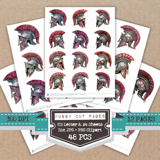 Watercolour Warrior Helmet fussy cut printable sheets for junk journaling, scrapbooking, and paper craft projects