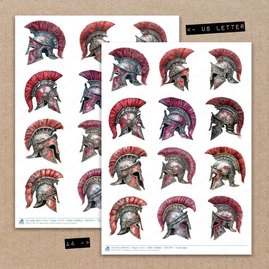A4 and US Letter format comparison showing Watercolour Warrior Helmet fussy cut pages for print and cut crafting