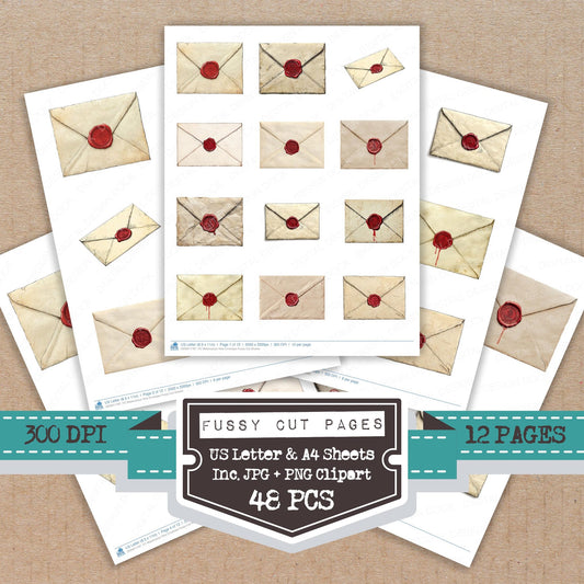 Watercolour Wax Envelope fussy cut printable sheets for junk journaling, scrapbooking, and paper craft projects