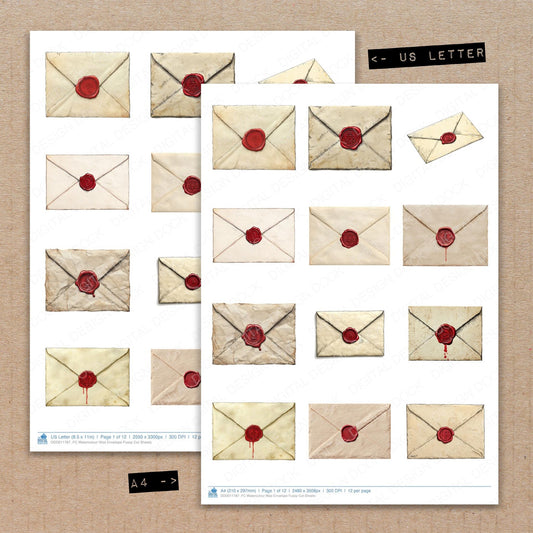 A4 and US Letter format comparison showing Watercolour Wax Envelope fussy cut pages for print and cut crafting
