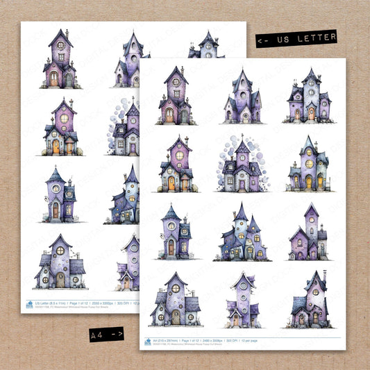 A4 and US Letter format comparison showing Watercolour Whimsical House fussy cut pages for print and cut crafting