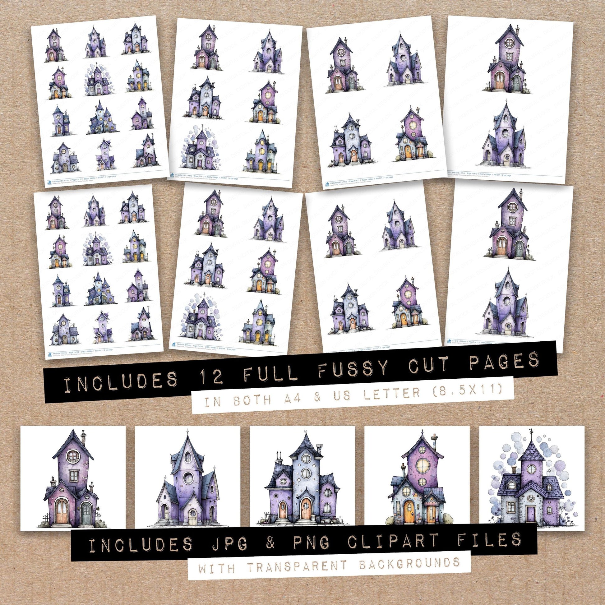 Full collection view of Watercolour Whimsical House fussy cut sheets with bonus clipart JPG and PNG files