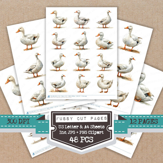 Watercolour White Duck fussy cut printable sheets for junk journaling, scrapbooking, and paper craft projects
