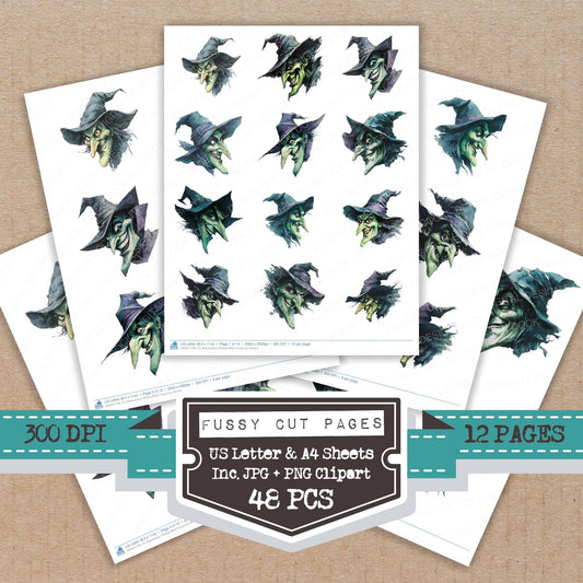 Watercolour Wicked Witch fussy cut printable sheets for junk journaling, scrapbooking, and paper craft projects