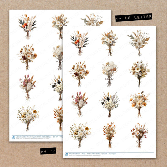 A4 and US Letter format comparison showing Watercolour Wildflower fussy cut pages for print and cut crafting
